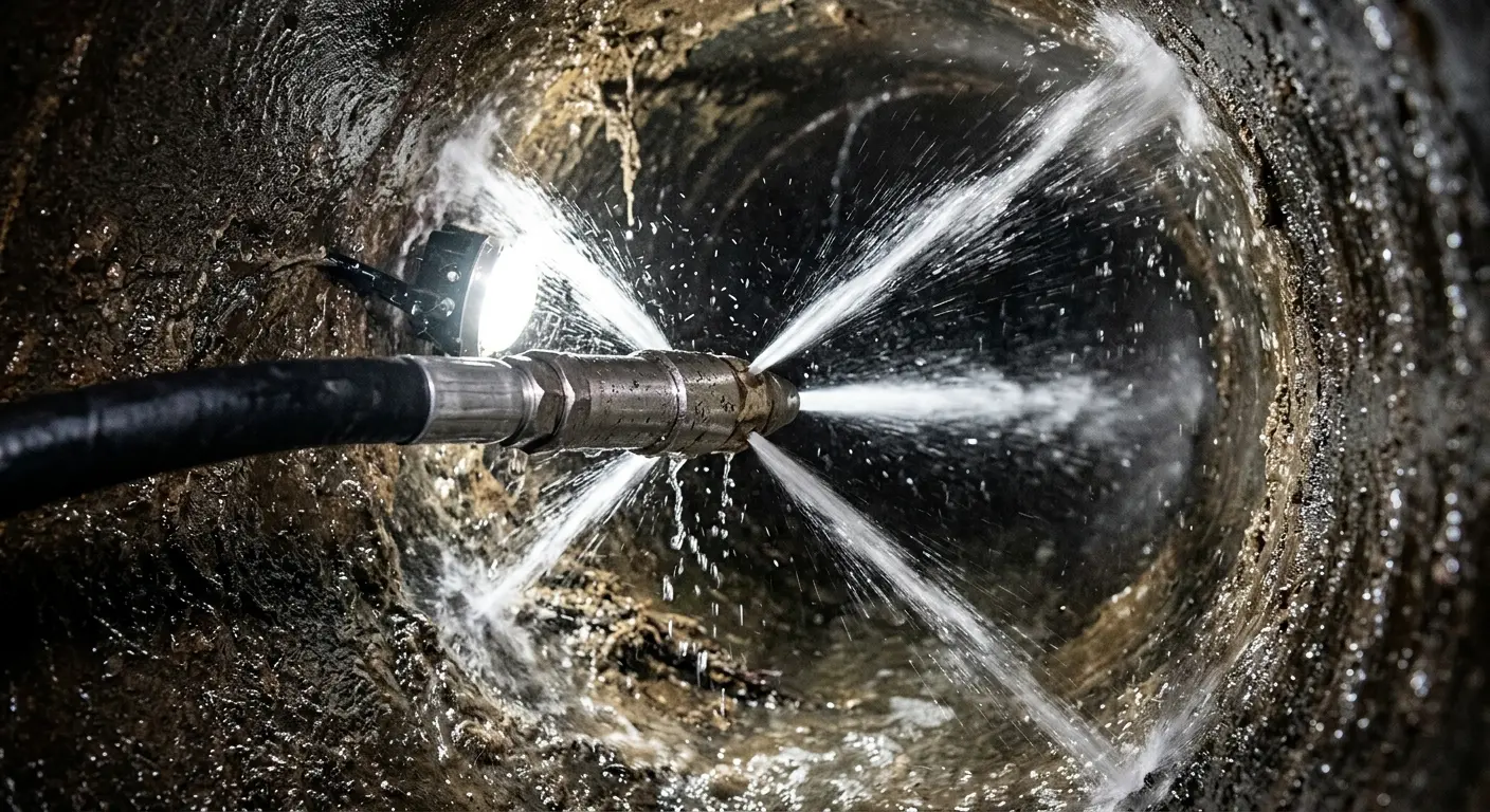 High-pressure hydro jetting nozzle cleaning sewer pipe for Emergency Drain Service in Nixa
