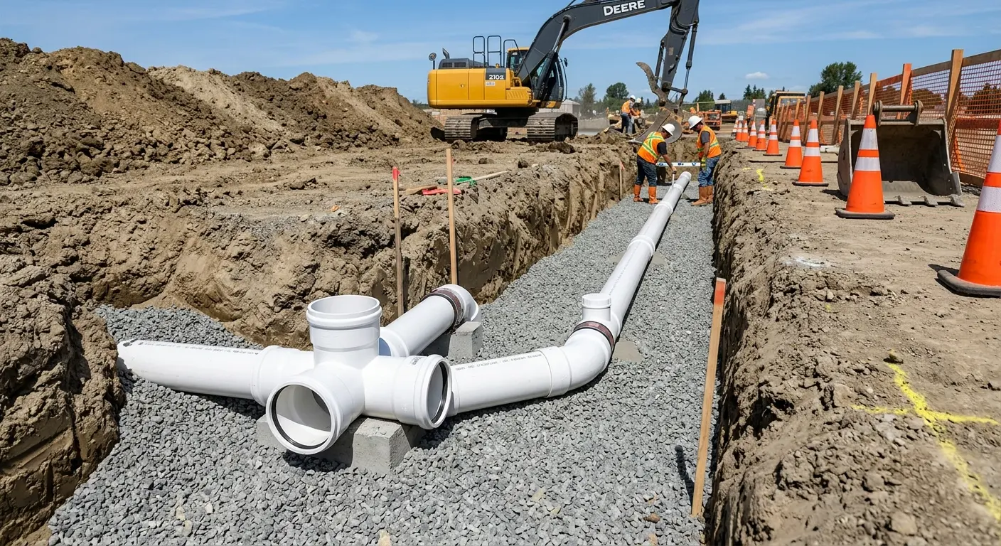 New PVC sewer pipe installation in open trench for Commercial Drain Cleaning in Nixa