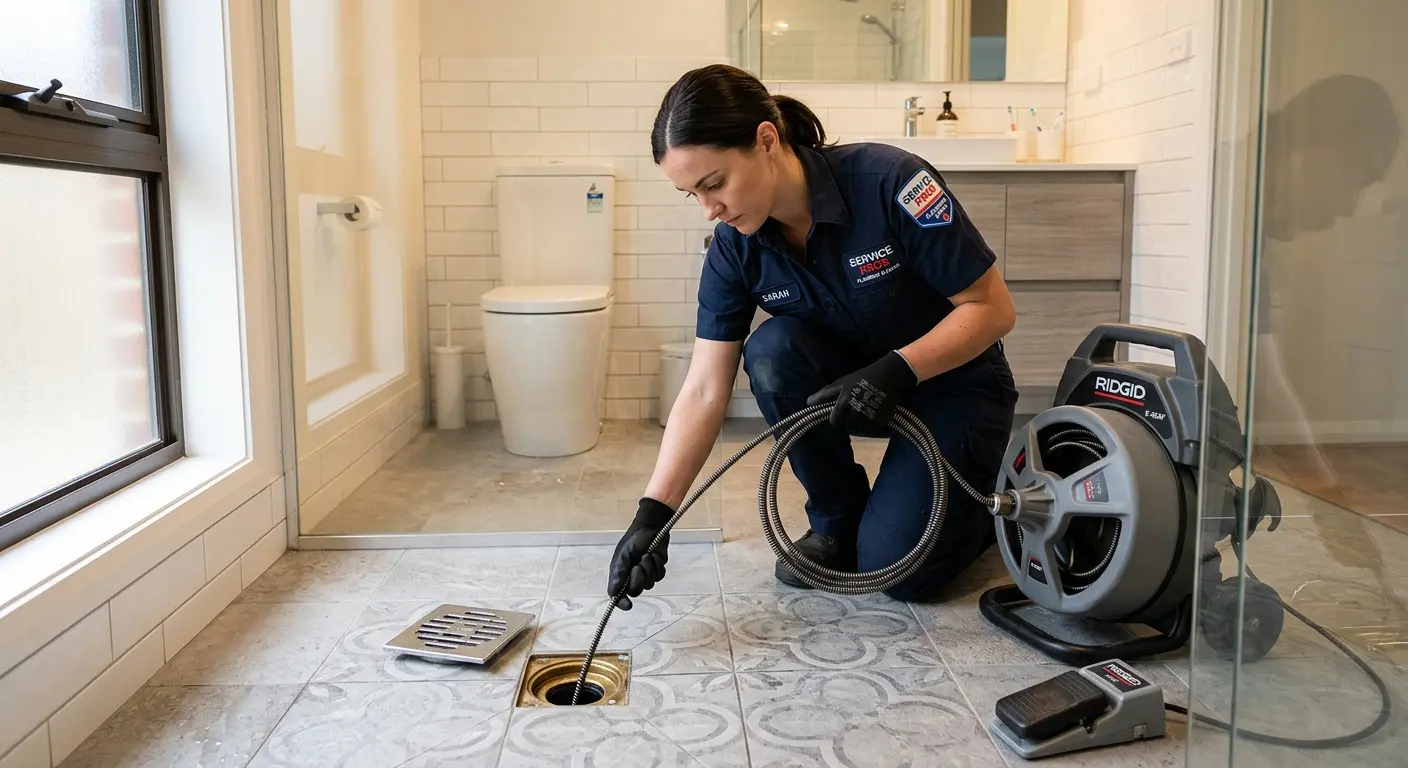 Technician clearing a bathroom floor drain for Hydro Jetting in Nixa